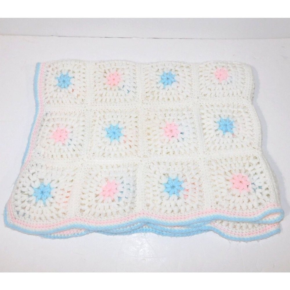 Vintage Knit Baby Hand Crochet White Pastel Pink Blue  Infant Crib Blanket